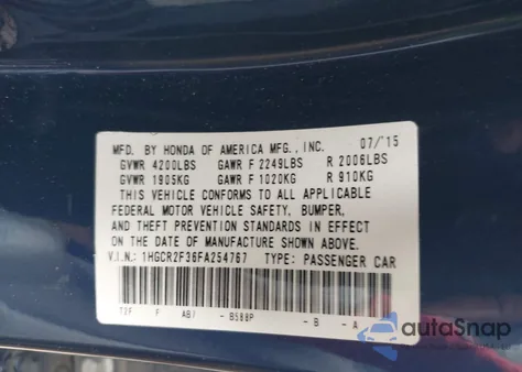 2015 Honda Accord Lx z USA, uszkodzony, nr VIN 1HGCR2F36FA254767